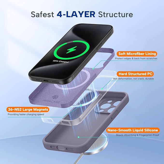 Miracase Magnetic for iPhone 15 Pro Case, [Soft Anti-Scratch Microfiber Lining], Compatible with MagSafe, Liquid Silicone Shockproof Drop Protection Phone Case for 15 Pro, Lavender Gray