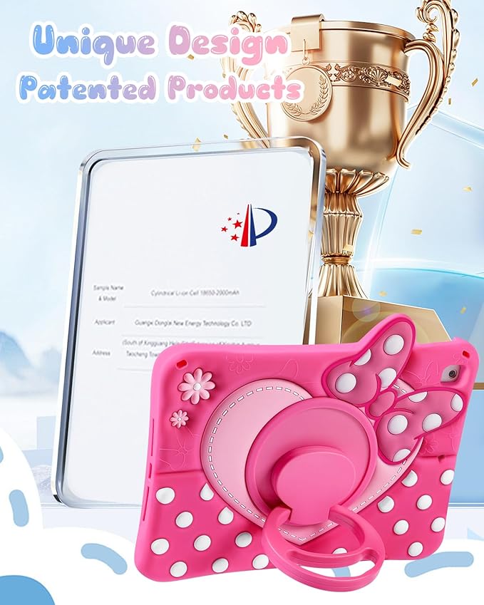 Boaretiu Kids Case for iPad 5th/6th Generation/Air1/Air2/Pro 9.7 inch - Cute Girly Cartoon Soft 3D Silicone Cover with Strap & Rotating Stand for Girls Teens, Bow Heart