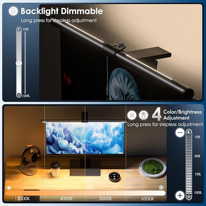 Quntis Monitor Light Bar with Remote, 20.1'' Dual Light Screen Light Bar, Sliding Weighted Clip Fit for All Screens, Adjustable Stepless Dimming, Eye Caring No Glare Gaming Work Desk Lamp, Gray