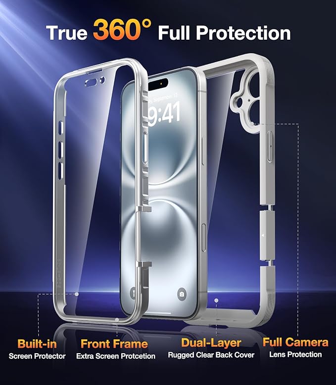 Diaclara Designed for iPhone 16 Case, Full Body Rugged Case with Built-in Touch Sensitive Anti-Scratch Screen Protector, Upgraded [Full Camera Protection] for Phone 16 (White)