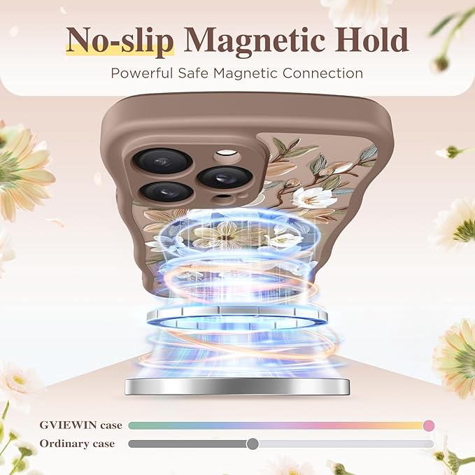 GVIEWIN for iPhone 14 Pro Case Compatible with MagSafe [Curly Wave Edge][Full Camera Protection] Floral Translucent Shockproof Magnetic Women Phone Case for 14 Pro, Dogwood/Brown