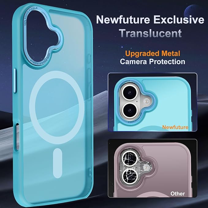 Newfuture Designed for iPhone 16 Case with Magnetic [13 FT Military Drop Protection] [Compatible with Magsafe] Slim Translucent Matte Shockproof with Anti-Fingerprint Phone Case, Lake Blue
