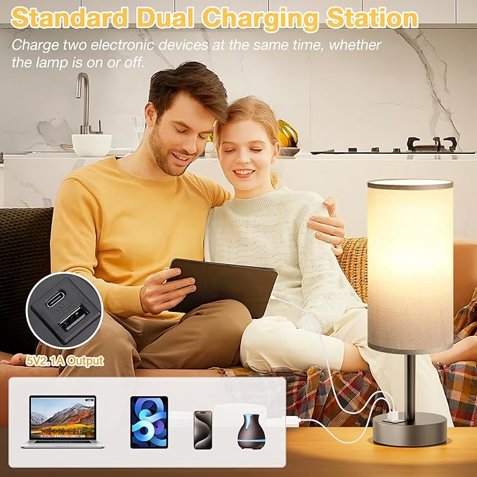Dicoool Small Touch Bedside Lamp with USB - 3 Way Dimmable Grey Table Lamp for Bedroom, Nightstand Lamp with Charging Station for Desk Dorm, Office