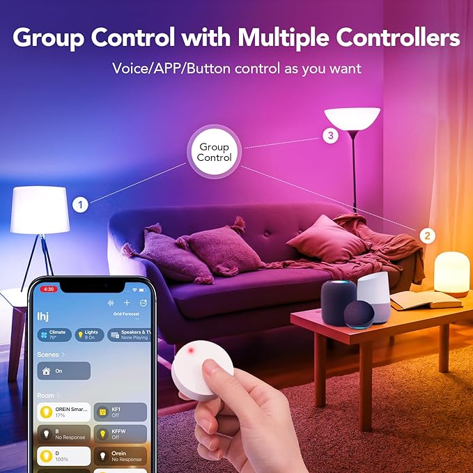 OREiN Matter Smart Light Bulb, Smart Light Bulbs with Remote Control Work with Apple Home, Alexa, Google Home, SmartThings, Color Changing Light Bulbs 2.4Ghz WiFi, 800 Lumens Equivalent 60W 4Pack