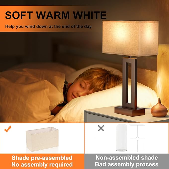 Seealle Bedroom Lamps for Night Stands - Touch Control, 3 Way Dimmable, USB C+A Charging, LED Bulbs, Easy Assembly(Yellow&Brown)
