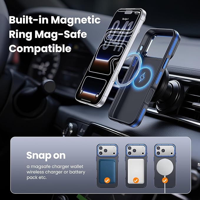 Strong Magnetic Case for iPhone 17 Pro(6.3", 2025) with Stand, Drop-Proof Bumper Cover with Contrast Color Border, Military-Grade Drop Protection, Shockproof Slim Thin Cover,Blue