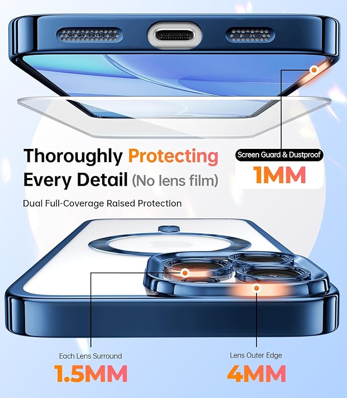 Meifigno Designed for iPhone 16 Pro Max Case 6.9", [Glitter Card & Wrist Strap] [Compatible with MagSafe] [2X Screen Protectors] Surround Lens Protection Designed for 16 ProMax Case, Deep Blue