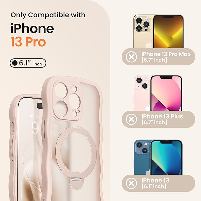 CAPRARO for iPhone 13 Pro Case with 360° Spin Magnetic Stand for Women, [Compatible with MagSafe] [Full Camera Protection] Cute Wave Translucent Matte Case for iPhone 13 Pro, Rose Gold