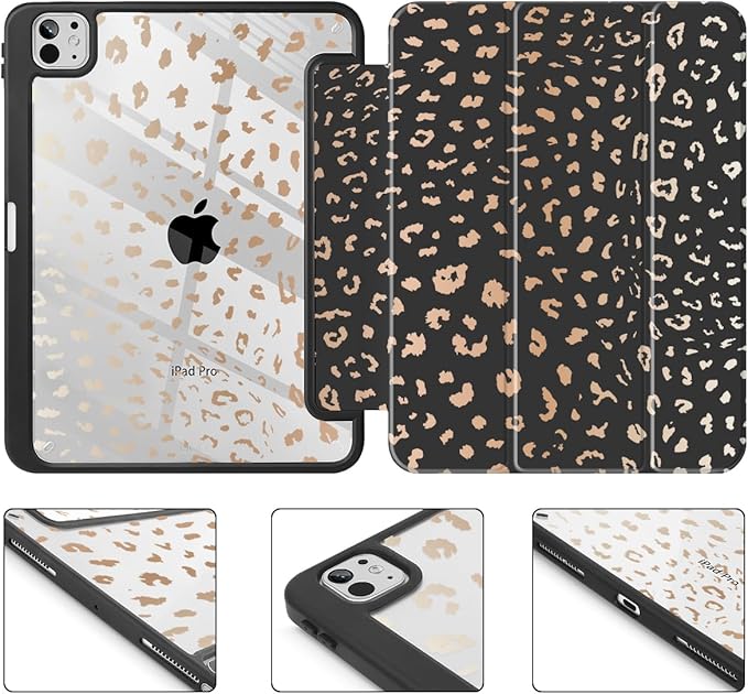 May Chen for iPad Pro 13 Inch Case M5 2025 / M4 2024, Built Pencil Holder & Clear Transparent Print Back Shell Slim Stand Shockproof Tablet Cover, Auto Wake/Sleep, Leopard Print