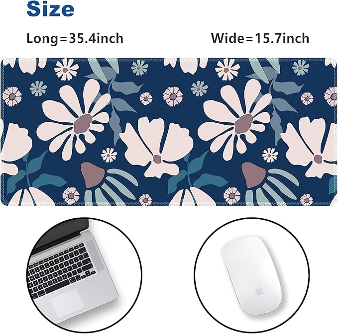 ARTSO Large Mouse Pad, Cute Blue Desk Mat for Desktop,Desk Pad Waterproof Gaming Mousepad for Women Girls, Art Leaf Flower Computer Protector Writing Pad for Office Home