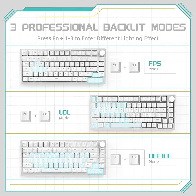 Attack Shark ajazz AK820 Wired Mechanical Gaming Keyboard with Volume Knob Hot Swappable 75% Gasket Keyboard 5-Layer Noise Absorbing Foam PBT Keycap Ice Blue Backlit Blue Switch for PC/Win/Mac-White