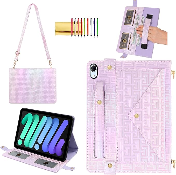Shiny Case for iPad mini 7 2024/Mini 6th Gen Handbag Case, Techcircle Iridescent PU Leather Folio Envelope Pocket Stand Cover with Hand Strap+Shoulder Strap+Pencil Holder+Card Slots, Shiny Lilac