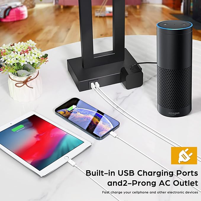 Set of 2 Modern Touch Control Table Lamps with 2 USB Ports, 22’’ Large Bedside Nightstand Lamps 3-Way Dimmable Desk Lamp With Grey Fabric Shade For Bedrooms Living Room Reading, 2 LED Bulbs Included