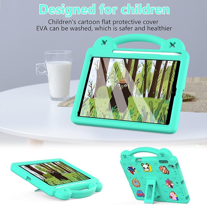 Dteck Kids Case for iPad 9.7 Inch 6th/5th Gen 2018/2017 & iPad Air 2/1 & iPad Pro 9.7,Cartoon Panda Shockproof Rugged Lightweight Pencil Holder Convertible Handles Stand Kids Friendly Case,Mint Green