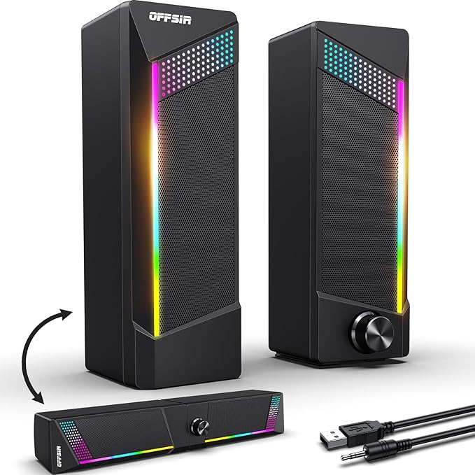 Computer Speakers, 2 in 1 PC Speaker , Gaming Speakers for PC Computer Laptop Desktop Monitor, RGB Speakers with Touch Sensitive Lighting, USB Powered 3.5mm Aux（Package Only Two Speaker, No Soundbar）