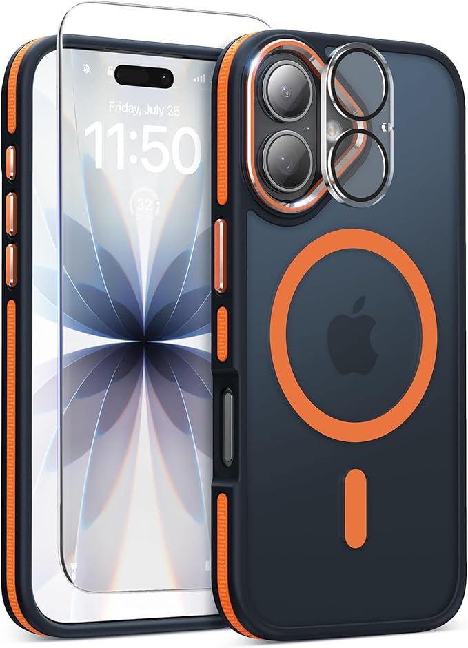 DOMAVER Magnetic 3 in 1 for iPhone 16 Case, [Omni-Directional Protection] with 1x Screen Protector + 1x Camera Cover, [Seamless Work with Magsafe] Protective Silm Case for iPhone 16 Cosmic Orange