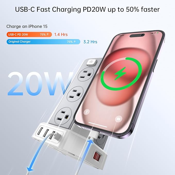 Power Strip Surge Protector, 10 Ft Extension Cord with 12 AC Multiple Outlets 4 USB (1 USB C), SMALLRT Power Tower Desktop Charging Station
