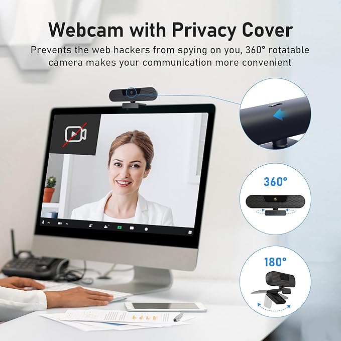 saylas 4K Webcam with 4 Noise Cancellation Microphone, W8GS Web Cam, Privacy Cover, 85° FOV, Plug & Play Web Streaming Camera for Computer, USB Webcam for Pc, Laptop, Desktop, Mac