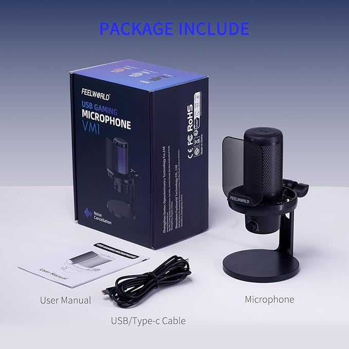 FEELWORLD VM1 Gaming PC USB Microphone Condenser Mic with Noise Cancellation Mute RGB Light, Computer Accessories Gifts for Gamer YouTube Twitch Podcast Streaming Recording Online Chat PS4 PS5