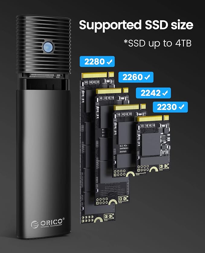 ORICO M.2 NVMe SATA SSD Enclosure Adapter Tool-Free, USB C 3.2 Gen 2 10Gbps NVMe, 5Gbps NGFF SATA PCIe M-Key(B+M Key) 2230/2242/2260/2280, Aluminum External M2 Reader Support UASP Trim- BK(G2A)