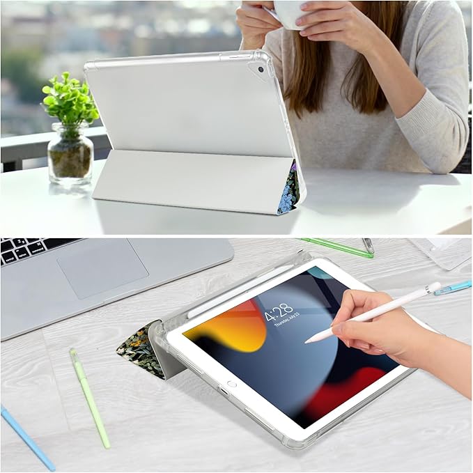 for iPad Air 2/1 Case, for iPad 5Th/6Th Generation Case 2017/2018, Slim Cover for iPad Cases 5th/6Th Generation 9.7-inch, Pencil Holder, 2 Viewing Angles, Typing Stand, Black Flower Art