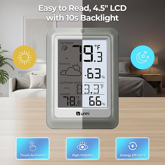 Indoor Outdoor Thermometer Hygrometer Wireless Weather Station, Temperature Humidity Monitor Battery Powered Inside Outside Thermometers with 330ft Range Remote Sensor and Backlight Display