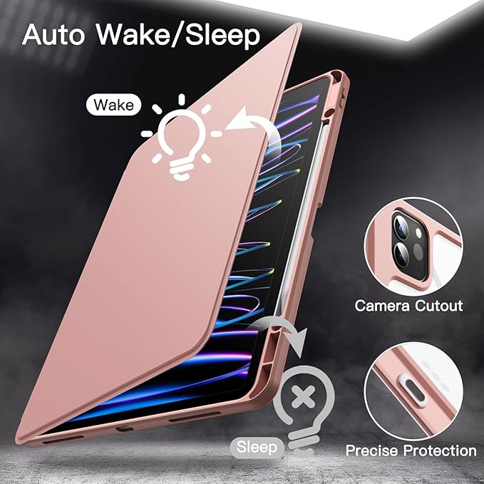 JETech Rotating Case for iPad Pro 12.9-Inch (2022/2021/2020/2018) with Pencil Holder, 360 Degree Rotation Protective Stand Cover Clear Back, Auto Wake/Sleep (Rose Gold)