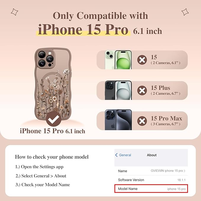GVIEWIN for iPhone 15 Pro Case Compatible with MagSafe [Curly Wave Edge][Full Camera Protection] Floral Translucent Shockproof Magnetic Women Phone Case for iPhone 15 Pro 6.1'', Floratopia/Brown