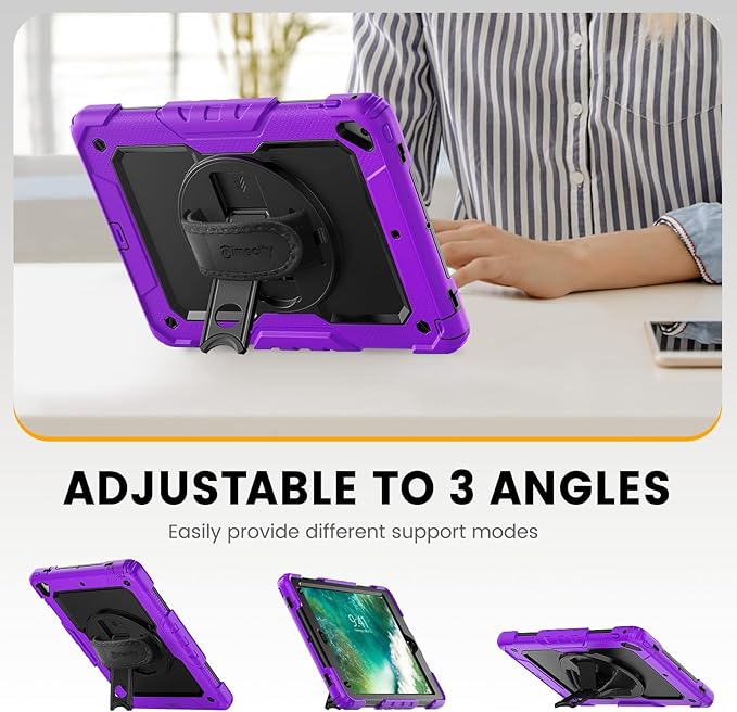 Timecity Compatible with iPad 9.7 Inch (for iPad 6th/5th Generation, iPad Air2, iPad Pro 9.7) Full-Body Silicone+PC Protective Case with Rotating Stand/Strap - Purple