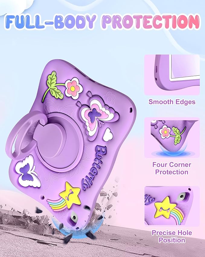 Kidcube for iPad 5th/6th Generation Case, for iPad Air 1st/2nd Gen, for iPad Pro 9.7 Inch Case - Girls Cute Kawaii Girly 3D Purple Butterfly Design Cover with Rotating Stand & Strap Silicone Women