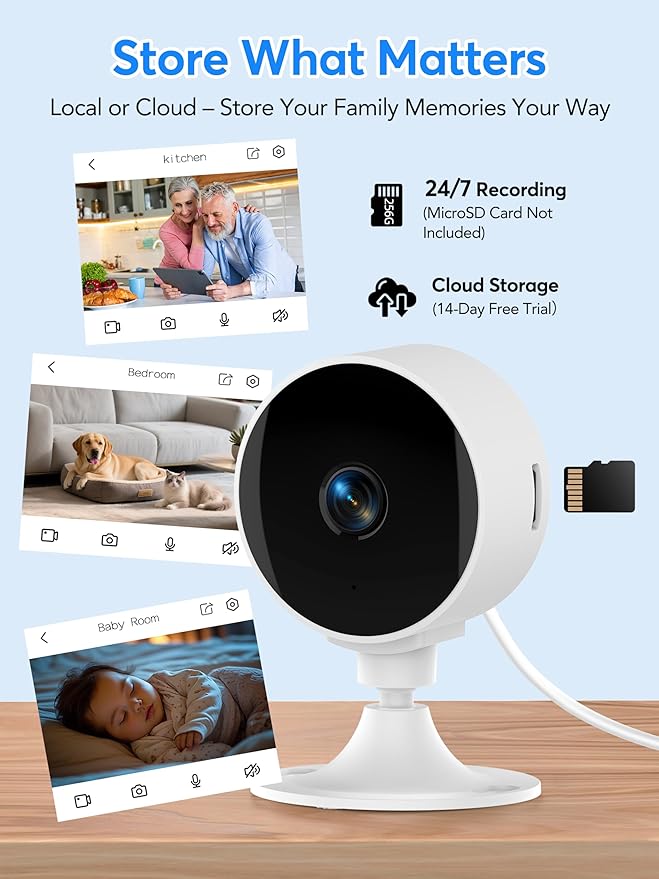 2K Wireless Cameras for Home Security Camera, Pet Camera Indoor with Phone App, Night Vision, Motion Alert, 24/7 SD&Cloud Record, Two-Way Audio, Security Camera Indoor Works with Alexa&Google