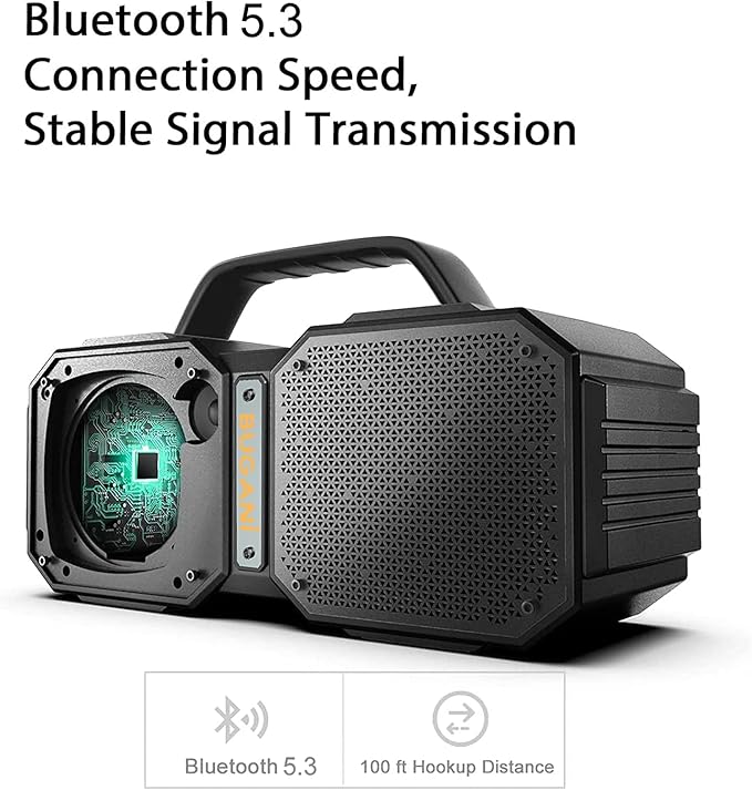 BUGANI Shock Bluetooth Speaker, Portable Bluetooth 5.3, Waterproof, 60W Super Power, Outdoor Speaker, Black(New Model)