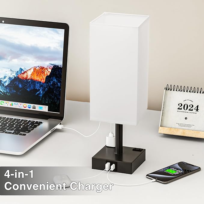 Touch Bedside Table Lamp For Nightstand - 3-Way Dimmable Night Lamp with USB A + Type C Charging Ports and two AC Outlets, Small Desk Light with E26 LED Bulb for Bedroom Living Room ,WHITE BLACK
