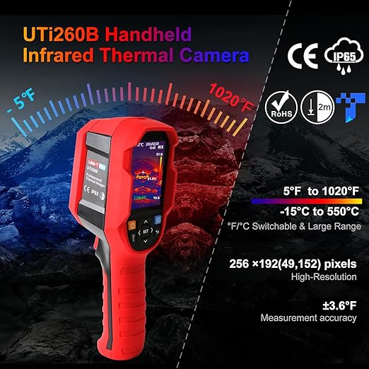 UNI-T UTi260B Thermal Camera with Macro Lens, Infrared Cameras Thermal Imaging Camera 256x192 IR Resolution Thermal Imager 49152Pixels 7 Palettes 25 Hz Refresh Rate, IP65 2-Meter Drop, 2.8" LCD