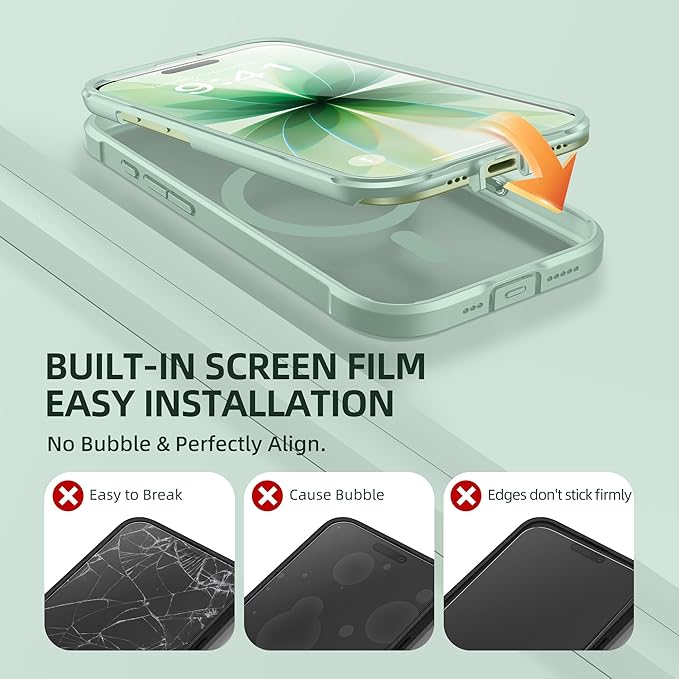 BERFY for iPhone 17 Case, Compatible with MagSafe, Built-in Glass Screen Protector, Camera Protection, Shockproof Full Body Phone case 6.3", Clear Green