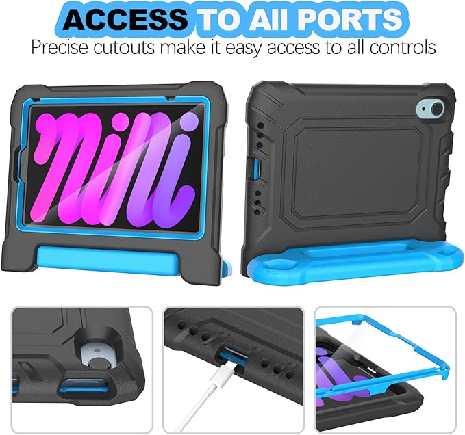 YIHE Kids Case for 8.3 inch iPad mini 7 (A17 Pro) 2024 & iPad mini 6 (A15) 2021, Shockproof Cases for iPad mini 7th/6th Generation with Built-in Screen Protector & Handle Stand, Black&Blue