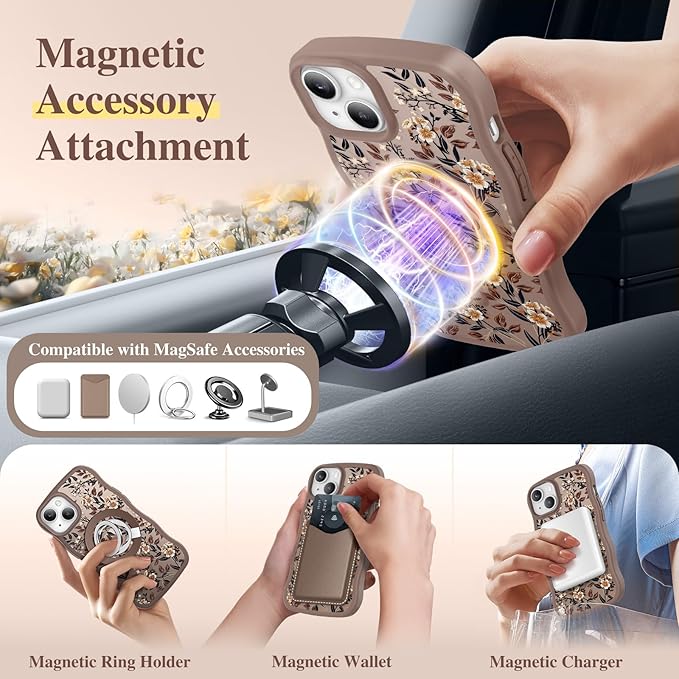 GVIEWIN Cute for iPhone 14 Case & iPhone 13 Case [Compatible with MagSafe] [Curly Wave Edge] Floral Translucent Magnetic Shockproof Protective Phone Cover for iPhone 14/13 6.1'', Bunchflower/Brown