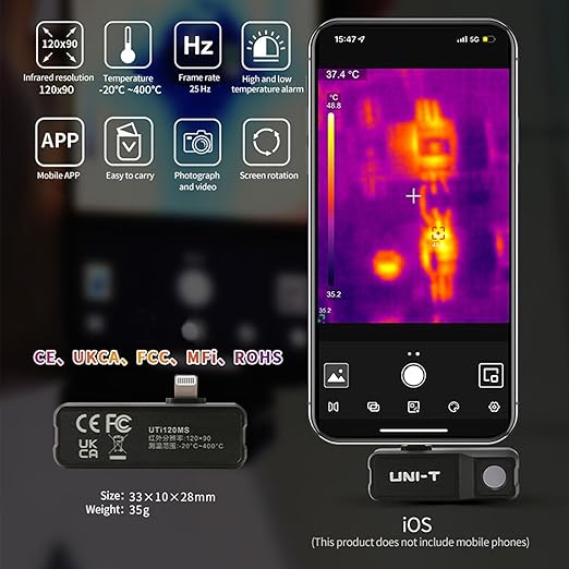 UNI T UTi120MS Thermal Camera for iPhone iOS, Infrared Cameras Thermal Imaging, 120X90 IR Resolution,Thermal Imager,-4°F~1022°F Temperature Range,25Hz Frame Rate,Support Video Recording