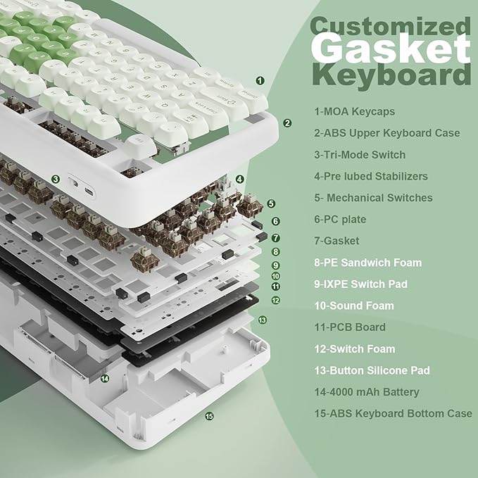 YUNZII B87 Wireless Mechanical Keyboard,QMK/VIA Programmable,TKL Layout 87 Keys,BT/2.4G/USB-C,Hot Swap Gasket Mount RGB Backlit Gaming with Wrist Rest for Win/Mac (Matcha Heart, Cocoa Cream V2)