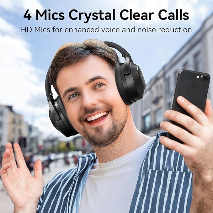 EarFun Wave Life Hybrid Active Noise Cancelling Headphones, Wireless Over Ear Bluetooth 5.4 Headphones, 4 Mics AI Clear Call, Deep Bass, 60H Playtime, Comfortable Fit, Custom EQ, Multipoint Connection