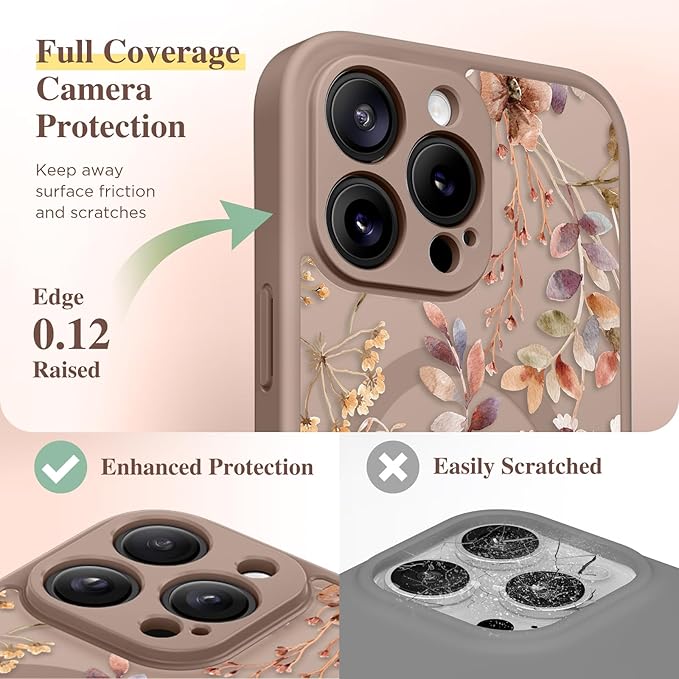 GVIEWIN for iPhone 16 Pro Case Compatible with MagSafe, [Military Grade Protection] [Screen Protector] Full Camera Protection Floral Translucent Women Magnetic Phone Case, Corn Poppy/Brown