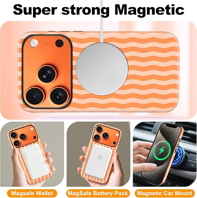 Magnetic for iPhone 17 Pro Max Case Cute Wavy Stripes Phone Case, Shockproof Slim TPU and Hard PC Protective Phone Cover Compatible with MagSafe Designed for Women Girls, Orange