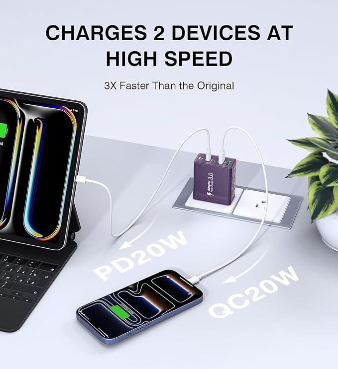 [2Pack] 50W USB C Plug,5-Port Fast Charger Block PD+QC Cube Wall Charging Box Brick for iPhone 17/16/15/14/13 for Samsung Galaxy S25/S24/S23/S22/S21+/S21 Ultra, Magsafe Wireless Charger,(Purple)