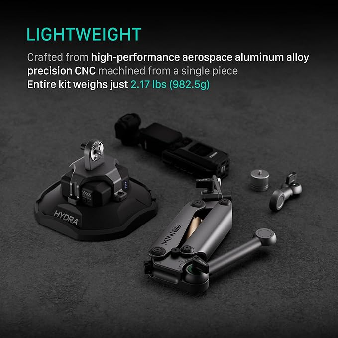 Tilta Hydra Alien Mini Electronic Suction Cup Kit - Titanium Gray | Compatible with DJI Pocket 3/4 Camera, and Other Action cams/Smartphones | Hydraulic Damping | Adjustable Arm