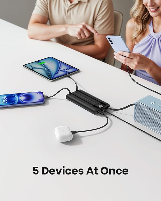 Portable Charger with Built-in Cables, Slim 10000mAh Power Bank with USB C, Travel Essentials External Battery Pack 5 Outputs 2 Inputs LED Display Compatible with iPhone/Android & More(Black)