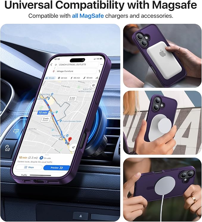 Magnetic for iPhone 16 Case, [Compatible with MagSafe][Military-Grade Drop Protection][Anti-Yellowing] Shockproof Protective Translucent Matte Cover for iPhone 16 Phone Case,Deep Purple