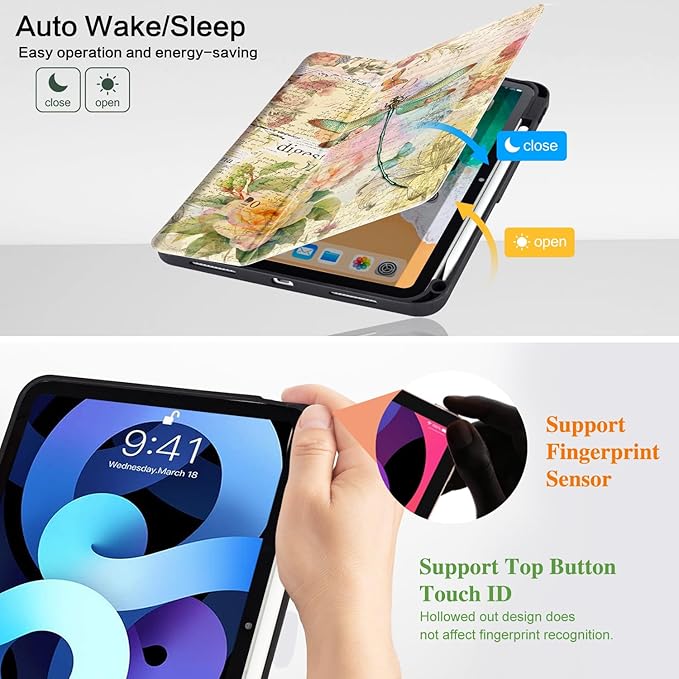 Vimorco for iPad A16 Case 11-inch 2025, for iPad (A16) 11th/10th Generation Case Pencil Holder, Typing Stand & 4 Viewing Angles, Faux Leather Slim Cover, Auto Sleep/Wake, Dragonfly Flower