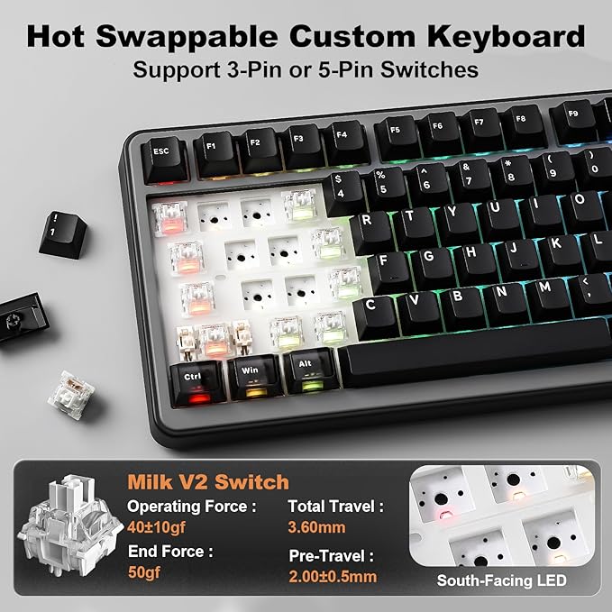 YUNZII B75 PRO MAX QMK/VIA Wireless Mechanical Keyboard,75% Layout with Screen and Knob,Custom Hot Swap Gasket,Creamy Pre-lubed Switches,Bluetooth/Type-C/2.4G for Win/Mac (Black,Milk V2 Switch)