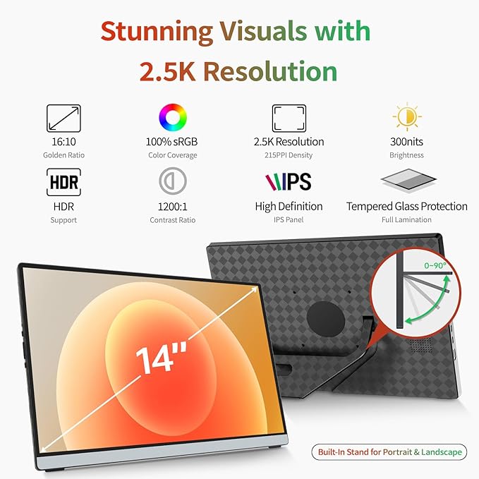 Intehill 2.5K Portable Monitor Touchscreen, 14" Portable Touch Screen for Laptop 2560x1600, 16:10 Travel Monitor with Tempered Glass, 100% sRGB USB & HDMI Portable Display with Stand & Speaker, Q14ZT