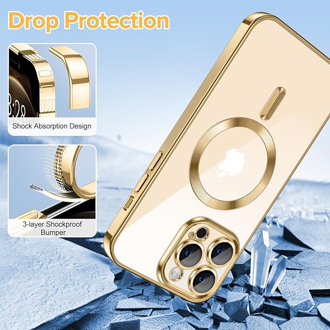 Hython Magnetic Clear for iPhone 12 Pro Max Case with Camera Lens Protector [Compatible with MagSafe] Plating Edge Slim Soft TPU Cover Protective Phone Case for iPhone 12 Pro Max 6.7", Gold